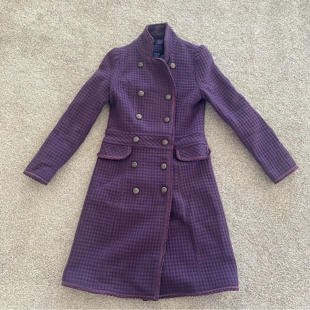 Purple Double Breasted Long Coat w Textured Waffle Knit Pattern Ornate Buttons - Picture 7 of 11